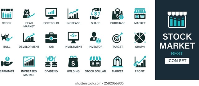 Stock Market best solid icon set collection. Bear market, portfolio, increase, share, purchase, market, target, graph, profit and icon set.
