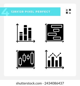 Stock market black glyph icons set on white space. Money charts. Investment strategy. Financial data. Trading company. Silhouette symbols. Solid pictogram pack. Vector isolated illustration