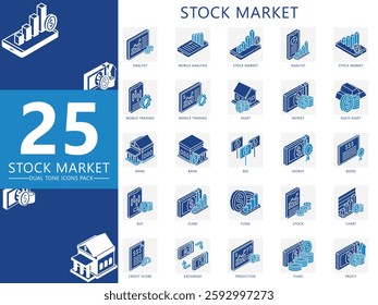 Stock market blue isometric 3d icons set, contain analysis, bank, fund, money, asset, chart, trading and more. For print, digital concept, UI, UX kit, web and app. vector EPS 10 for business, finance
