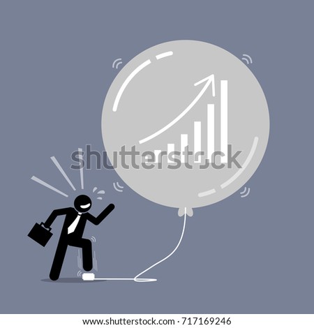 Stock Market Bubble. Vector artwork depicts a happy businessman keep inflating a bubble balloon to make it bigger and bigger. The balloon is about to burst but the man does not care about it.