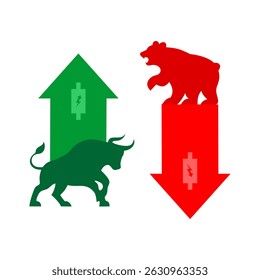 Stock Market Bull and bear with green arrow up and red arrow down, candlestick icon on it