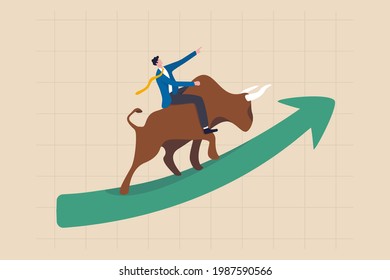 Stock market bull market, financial asset value and price rising up, investor and trader gain more profit concept, confident businessman investor riding bull running on rising up upward green graph.