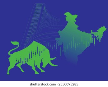 Stock market bull run illustration. Bse Building of Bombay stock exchange, Indian share market graph with candle stick patterns and map of India.