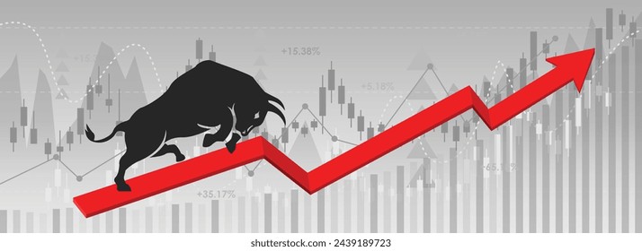 stock market bull,black bull on red arrow and line chart,abstract financial chart with uptrend line graph and numbers in stock market 