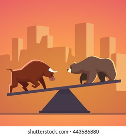 Stock Market Bulls And Bears Battle Metaphor. Stock Exchange Trading Business Concept With City Downtown Sunset Background. Modern Fat Style Vector Illustration.