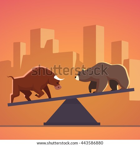 Stock market bulls and bears battle metaphor. Stock exchange trading business concept with city downtown sunset background. Modern fat style vector illustration.