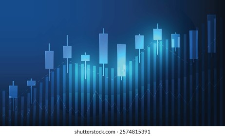 stock market candlestick chart with bar graph on blue background. financial business growth concept