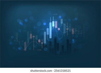 stock market candlestick chart pattern design with different indicators on blue background, business financial growth