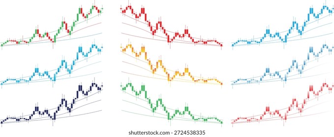 Stock Market Candlestick Chart Set with Technical Analysis Lines Trading Graph Collection vector