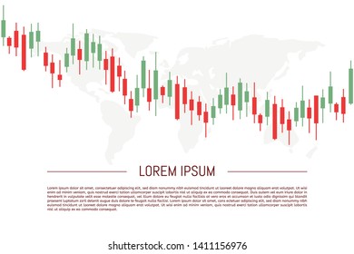 Stock market candlestick chart with world map. Green and red candle bars graph with sample text graphic design. Vector illustration