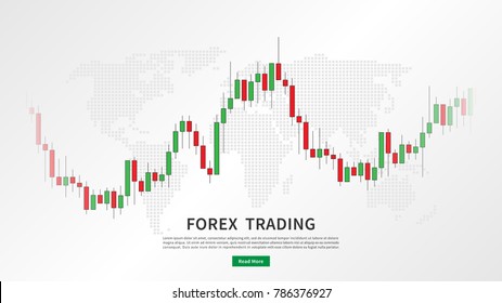 Stock market candlestick chart with world map vector illustration. Green and red japanese candle bars graph with sample text graphic design. svg