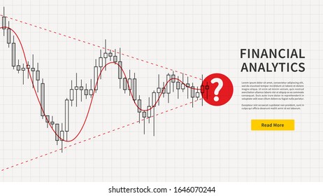 Stock market candlestick graph with red question symbol webpage banner. Financial trade chart vector illustration. Forex trading graphic design concept.

