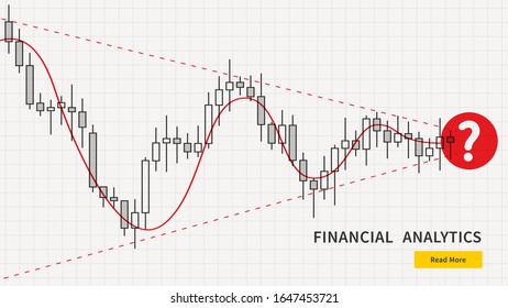 Stock market candlestick graph with red question symbol website banner for landing page. Financial trade chart vector illustration. Forex trading graphic design concept.
