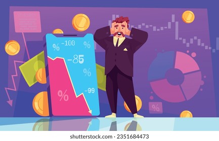 Stock market cartoon composition with trader facing investment loss vector illustration