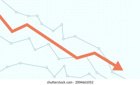 Stock market chart. Financial falling line graph. Red descending arrow. Stock market correction, falling or drawdown. Business falling, losses. Financial crisis chart. Vector illustration.