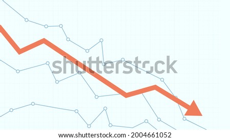 Stock market chart. Financial falling line graph. Red descending arrow. Stock market correction, falling or drawdown. Business falling, losses. Financial crisis chart. Vector illustration.
