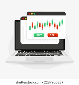 Stock market chart graph on laptop screen. Candlestick chart of technical analysis. Index of world stock exchanges. Forex trading concept. Trading strategy. Vector illustration