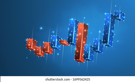 Stock market chart. Growing financial index. Low poly, wireframe 3d vector illustration. Abstract polygonal image on blue neon background