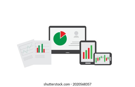Stock market chart chart on computer screen, tablet and paper. Technical analysis candlestick chart. data analysis. Global stock market index. Forex trading concept. Trading strategy. Vector illustrat
