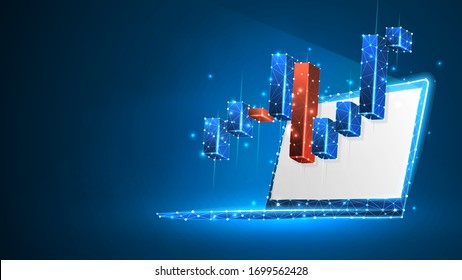 Gráfico del mercado bursátil en la pantalla de un portátil blanco. Índice financiero en crecimiento. Ilustración vectorial 3d de marco alambrado y poste bajo. Imagen policonal abstracta sobre fondo de neón azul