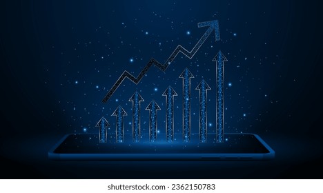 Stock market chart with rising candlesticks on tablet. Business growth concept or profitable investment. The arrow points to the future growth of the company.	