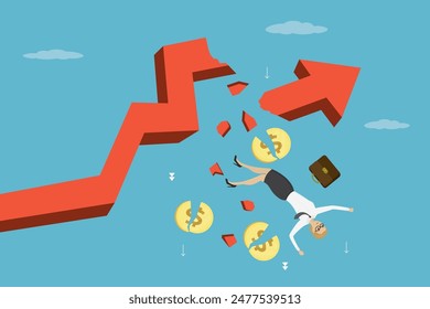 Börsenkrach. Wirtschaftlicher Abschwung. Auswirkungen der Wirtschafts- und Finanzkrise: Tendenz sinkend. Händlerin fällt aus roter Grafik. Erfolglose Geschäftsfrau. Anleger verlieren Geld.