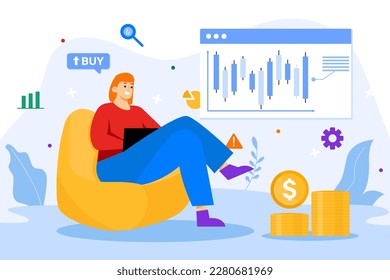 Stock market color concept with people scene in the flat cartoon style. Financial specialist analyzes information about stock market. Vector illustration.