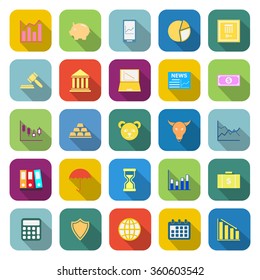 Stock market color icons with long shadow on white background