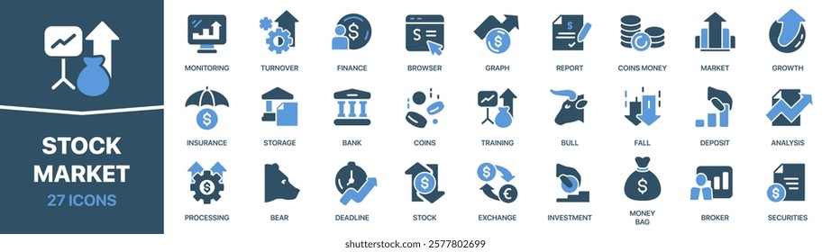 Stock market colored signed icon collection. Finance, graph, deposit, money, broker icons. UI icon set. Colored icons pack. Vector illustration