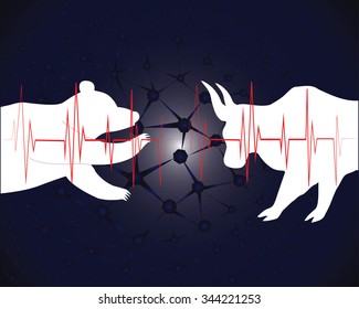 Stock market concept of the animal symbols for buy and sell as a bull and bear for bullish and bearish business and financial trading of investments in corporations with a dark blue background.