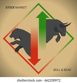 Stock market concept bull vs bear with up and down arrow