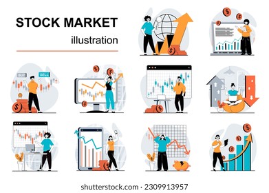 Stock market concept with character situations mega set. Bundle of scenes people analyzing market trends, research financial data, success trading on exchange. Vector illustrations in flat web design