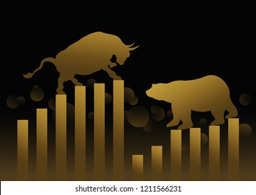 Stock market concept design of gold bull and bear with graph and chart vector illustration