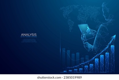 Concepto de mercado de valores. Gráfico de crecimiento y empresario con tablet en las manos. Negocios globales. Diagrama abstracto con flecha hacia arriba en un estilo de armazón de polilla baja sobre fondo azul oscuro. Finanzas y economía.