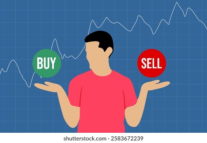 A stock market concept illustration featuring a faceless man in a red shirt holding a green BUY button in one hand and a red SELL button in the other, with a financial chart in the background