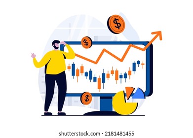Stock market concept with people scene in flat cartoon design. Man makes money on exchange with successful strategy, analyzes data and increases profit. Vector illustration visual story for web