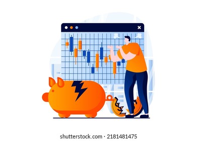 Stock market concept with people scene in flat cartoon design. Man invests savings and loses money, analyzes chart with negative trend, financial crisis. Vector illustration visual story for web