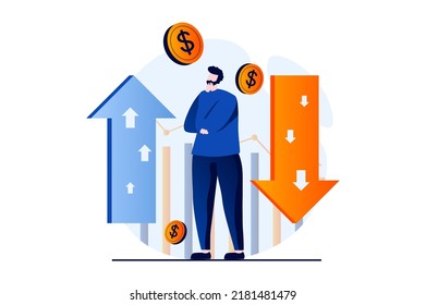 Stock market concept with people scene in flat cartoon design. Man thinking and analysis chart with arrow with different trends and trading on stock exchange. Vector illustration visual story for web