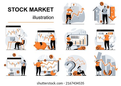 Stock market concept with people scenes set in flat design. Women and men buy and sell shares of companies, invest money, increase or lose income. Vector illustration visual stories collection for web