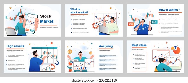 Concepto del mercado de valores para la plantilla de diapositivas de presentación. La gente se dedica a las operaciones, análisis de datos financieros, compra y venta, inversión de dinero. Ilustración vectorial para diseño de diseño