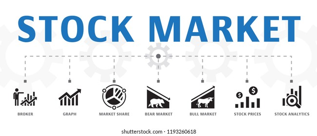 Stock market concept template. Horizontal banner. Contains such icons as Broker, finance, graph, market share