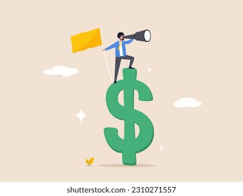 Stock market concept. USA financial visionary, economic forecast for American countries or investment, businessman investor standing on Dollar currency sign using telescope to see market future.