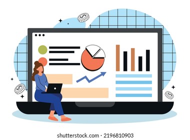 Stock market concept. Woman with laptop analyzes graphs and charts. Financial literacy, economics and trading. Investor or entrepreneur working with statistics. Cartoon flat vector illustration