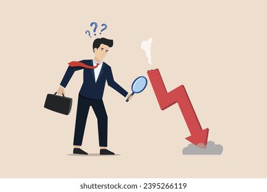 Stock market crash analysis, measuring investment decline concept, businessman analyst using magnifying glass to see red crash graph arrow.