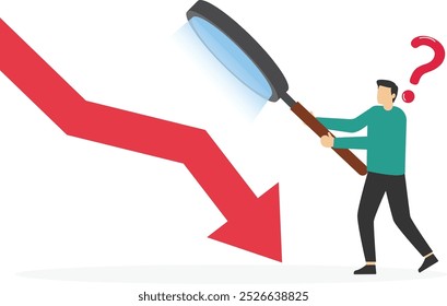 Stock market crash analysis, measuring investment decline concept, businessman analyst using magnifying glass to see red crash graph arrow.

