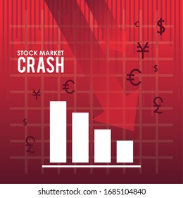 stock market crash with arrows down and statistics bars vector illustration design