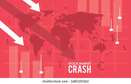 stock market crash with arrows down and earth maps vector illustration design