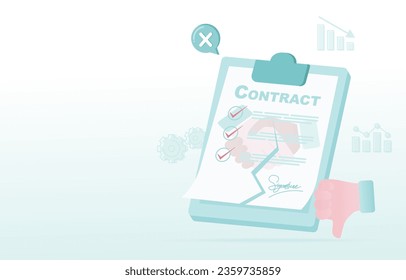 Stock market crash, checklist and cancellation contract concept. Tearing up contract paper. Bankruptcy, problem, market crash, debt, disagreement. Flat vector design illustration with copy space.
