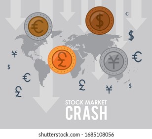 stock market crash with coins and earth maps vector illustration design