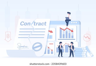 Stock market crash and contract termination concept. Tearing up contract paper, destroy, disagree, unsuccessful, bankruptcy, downturn, cancel contract. Flat vector design illustration.